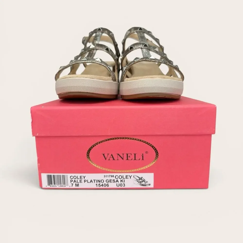 VANELi 7M Coley Metallic Gold Leather Comfort Studded Strappy Wedge Sandals